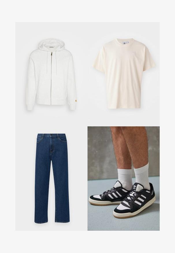 Felpa zip bianca realizzata in tessuto morbido, con cappuccio, tasche frontali e polsini a costine. Dettagli in hardware dorato vicino alla zip.; T-shirt in cotone crema con scollatura rotonda e maniche corte; presenta un piccolo logo chiaro sul petto.; Jeans in denim di un blu scuro a gamba dritta con tasche anteriori e chiusura con bottone, esposti su uno sfondo bianco semplice.; Sneaker bianco e nero con tomaia in suede e pelle, caratterizzati da tre strisce bianche, punta perforata e suola in gomma naturale.