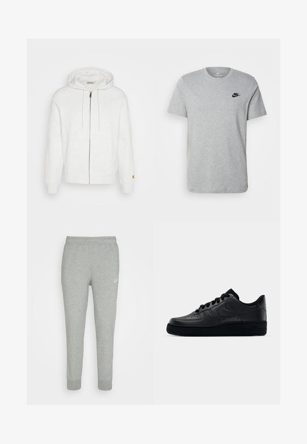 Valkoinen vetoketjullinen huppari pehmeästä kankaasta, jossa on huppu, etutaskut ja ribattu hihansuu. Kultaiset yksityiskohdat vetoketjun lähellä.; Harmaa lyhythihainen T-paita, joka on valmistettu puuvillasta. Paidassa on musta Nike-logo rinnassa ja pyöreä kaula-aukko. Minimalistinen muotoilu ilman kuvioita.; Harmaat collegehousut pehmeästä kankaasta, joissa on kapeneva lahje, joustava vyötärö ja pieni valkoinen Nike-logo vasemmassa reisissä.; Musta Nike Air Force 1 -lenkkari, jossa on sileä nahkapinta, rei'itetty varvasosa hengittävyyden parantamiseksi, mustat nauhat ja teksturoitu kumipohja.