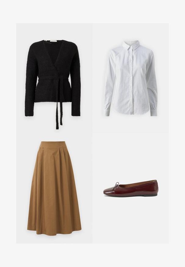 Svart, fluffy strikket omslagskjole med lange ermer og et matchende belte knyttet i midjen, vist mot en hvit bakgrunn.; Hvit skjorte med knapper laget av glatt bomull, med klassisk krage, lange ermer og buet skjær. Knapper er små og hvite.; Brun bomull A-linje skjørt med høy midje, med folder foran og en jevn tekstur. Kantene er rene og enkle.; Burgunderrød lakk lær ballettleilighet med rund tå, liten sløyfe foran og en lav, svart gummisåle. Glatt tekstur.