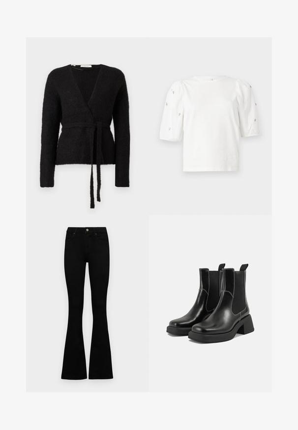 Juodas pūkuotas megztinis-apykaklė su ilgomis rankovėmis ir atitinkama dirželiu, surištu ties juosmeniu, rodomas baltame fone.; Balta medvilnės marškinėliai trumpomis pūstomis rankovėmis, papuošti mažomis sidabrinėmis detalėmis ant rankovių. Klasikinis apvalus iškirpimas, laisvas siluetas.; Juodos aukšto liemens džinsai su mygtuku ir užtrauktuku, priekinėmis kišenėmis ir platėjančiomis kojomis, išdėstyti ant baltos fono.; Juodos odinės Chelsea botai su storiu kulnu, elastinėmis šoninėmis panelėmis ir kontrastinga balta siūle. Tekstūruota apdaila.