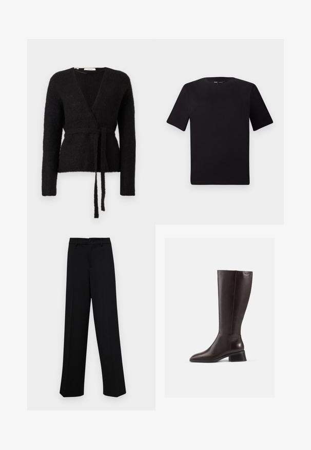 Musthave mustariga musta kampsun, pika varrukaga ja sobiva vööga, seotud talje kohal, esitlemisel valgel taustal.; Must olema lühikeste varrukatega must t-särk ümmarguse kaelusega, valmistatud pehmest puuvillast kangast. Lihtne disain, ilma nähtavate logode või mustriteta.; Musta laiad püksid siledast kangast, millel on klassikaline vöökoht, nööbiga sulgemine ja ees voldid.; Põlvikud pruunist nahast, ulatudes põlvedeni, siledaga viimistlusega, ümarate varvastega ja musta kiilukontsaga. Lihtne disain koos minimaalsete riistvaradetailidega.