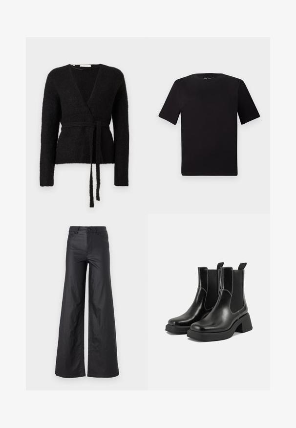 Cardigan negru din tricot pufoș cu mâneci lungi și o centură asortată legată la talie, expus pe un fundal alb.; Tricou scurt negru cu mânecă scurtă și guler rotund, realizat dintr-un material de bumbac moale. Design simplu, fără logo-uri sau modele vizibile.; Pantaloni negri, cu picioare largi, dintr-un material de piele ecologică. Prezentază talie înaltă, bucle pentru curea, două buzunare frontale și detalii cusute.; Botine Chelsea din piele neagră, cu toc masiv, panouri laterale elastice și cusături albe contrastante. Finisaj texturat.