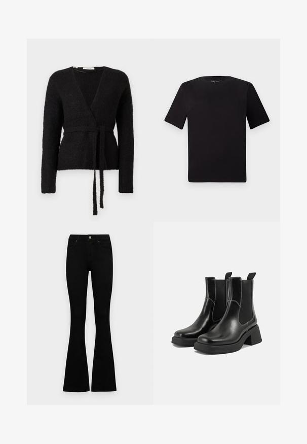 Czarny, puszysty sweter w formie narzutki z długimi rękawami i pasującym paskiem związanym w talii, zaprezentowany na białym tle.; Czarna koszulka z krótkim rękawem o okrągłym dekolcie, wykonana z miękkiej bawełny. Prosty design, bez widocznych logo ani wzorów.; Czarne, wysokie dżinsy z guzikem i zamkiem błyskawicznym, z przednimi kieszeniami i rozszerzanymi nogawkami, leżące płasko na białym tle.; Czarne skórzane botki Chelsea na mocnej podeszwie, z elastycznymi panelami bocznymi i kontrastującym białym ściegiem. Teksturowane wykończenie.