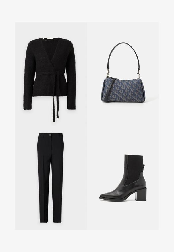 Črna puhasta pletena zavita jopica z dolgimi rokavi in usklajenim pasom, zavezanim na pasu, prikazana na belem ozadju.; Bluza z dolgimi rokavi z leopardjim vzorcem in visokim ovratnikom, izdelana iz elastičnega materiala. Ima peščeno osnovo z rjavimi lisami. Gladka tekstura, prilega se telesu.; Črne krojene hlače s ravnim krojem, z gumbom za zapiranje in zankami za pas, narejene iz gladkega materiala.; Črne gležnarske škornje s koničastim nosom, narejene iz gladkega usnja in elastike. Opremljene so z blok stolčkom in minimalističnim dizajnom.; Modra torbica s vzorom iz blaga, ki ima ukrivljeno obliko, črn usnjen trak in logotip v svetlejši odtenek.