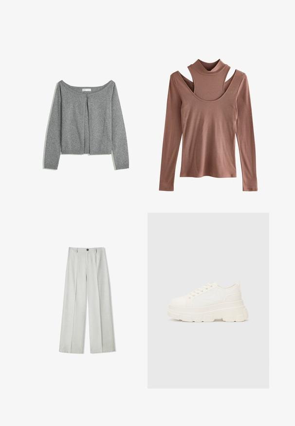 Sivý pletený kardigán s dlhým rukávom, okrúhlym výstrihom a jedným tlačidlom na hornom prednom okraji, položený rovno na bielom pozadí.; Dlhý rukáv top v tlmenej tehlovej farbe, ribkované textúrovanie, s vysokým golierom a výrazným strihom na pleciach.; Svetlosivé široké nohavice vyrobené z textúrovaného materiálu, s gombíkovým zapínaním a dvoma záhybmi vpredu pre dodatočný detail.; Biele plátené tenisky s hrubou podrážkou, zaoblenou špičkou a piatimi očkami na šnúrky. Zadný popruh pre jednoduché obúvanie. Hladká textúra, minimalistický dizajn.