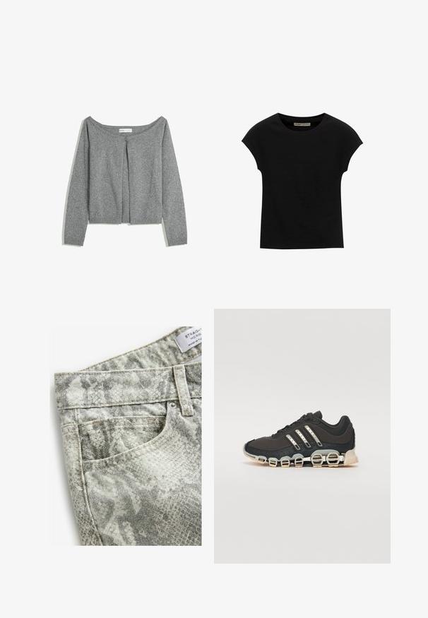 Grauer langärmeliger Strickcardigan mit Rundhalsausschnitt und einem Knopfverschluss an der oberen Vorderseite, flach auf weißem Hintergrund ausgelegt.; Schwarzes Kurzarm-T-Shirt aus weichem Stoff, mit Rundhalsausschnitt und lockerer Passform, glatter Textur und ohne Muster.; Gerade geschnittene Jeans im grauen und weißen Tierdruckmuster. Mit metallischen Beschlägen und einem klassischen Fünf-Taschen-Design.; Schwarzer Sportschuh mit einer strukturierten Oberseite, drei silbernen Streifen und einer markanten Dämpfungssohle mit mehreren integrierten Sektionen.