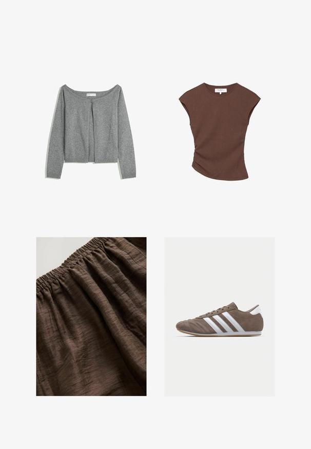 Grauer langärmeliger Strickcardigan mit Rundhalsausschnitt und einem Knopfverschluss an der oberen Vorderseite, flach auf weißem Hintergrund ausgelegt.; Braun geripptes kurzärmliges Oberteil mit leicht geschwungenem Saum. Weiche Textur und lässige Passform, mit rundem Halsausschnitt und minimalen Nähten.; Brauner elastischer Bund aus strukturiertem Stoff, mit sanften, gewellten Falten und einem reichen, erdigen Farbton. Geeignet für Freizeitkleidung.; Braune Wildleder-Sportschuhe mit weißen Streifen, runder Zehenform, Schnürdesign und Gummisohle. Strukturiertes Obermaterial mit Nahtdetails.