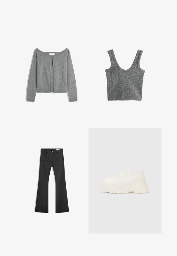 Grå långärmad stickad cardigan med rund halsringning och enkel knappstängning framtill, liggande platt på vit bakgrund.; Grå ribbad linne med breda axelremmar och rundad halsringning, tillverkat av ett mjukt stickat material, med en figurnära silhuett.; Svarta utsvängda jeans i denim med en jämn textur, med två bakfickor och knäppning vid midjan.; Vitcanvas sneakers med en chunky sula, rund tå och fem öglor för snören. Bakre tab för enkel påtagning. Slät yta, minimalistisk design.