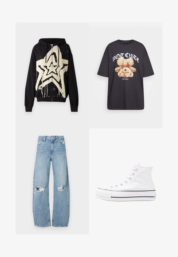 Hanorac negru cu fermoar, decorat cu o grafică mare în formă de stea crem, cu efect de vopsea care curge. Material texturat, cu mâneci lungi și glugă cu șnur.; Tricou oversized negru featuring un grafic cu un urs și textul „NU E DRĂGUȚ DAR SUNT SĂLBATIC” în litere albe, îndrăznețe. Material din bumbac.; Jeans de denim, de un bleu deschis, cu talie înaltă. Au picioare late, două zone rupte la genunchi și un stil clasic cu cinci buzunare.; Adidași albi tip pantofi sport cu glezna din pânză, cu talpă din cauciuc negru, capac de vârf din cauciuc frontal și șase ochiuri pentru șireturi, având un design curat și minimalist.