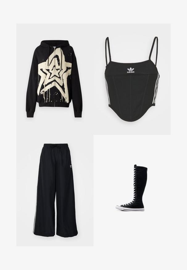 Felpa nera con zip presenta una grande grafica a stella color crema con effetto vernice colante. Tessuto testurizzato con maniche lunghe e cappuccio con cordino.; Crop top nero a coste con spalline sottili e regolabili, caratterizzato da tre strisce bianche sui lati e un piccolo logo Adidas bianco al centro.; Pantaloni neri a gamba larga realizzati in tessuto leggero. Presentano una vita elastica con cordoncino e strisce bianche sui lati. Logo del marchio sull'anca.; Sneakers nere alte con un design slanciato, realizzate in tela. Presentano lacci bianchi, cuciture e una suola in gomma con punta rinforzata.