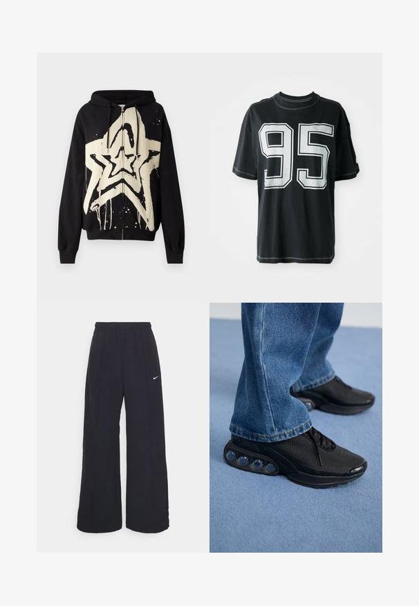 Juoda zip-up gobtuvė, pasižyminti dideliu grietinėlės spalvos žvaigždės grafiku su lašėjimo efektais. Tekstūruota medžiaga su ilgomis rankovėmis ir raišteliu reguliuojamu gobtuvu.; Juodas medvilnės marškinėliai su trumpomis rankovėmis, ant priekinės dalies yra balta spausdinta numeris "95" ir kontrastingos siūlės palei kraštus.; Juodos plačios kojos kelnės su elastinga liemene ir mažuoju baltu Nike logotipu. Audinys turi lygią tekstūrą, sukurtas patogumui ir kasdieniam nešiojimui.; Juodi sportiniai bateliai su tinkliniu viršumi, tekstūruotais akcentais ir matomais oro pagalvėmis pado viduje. Dėvimi su mėlynais džinsais.