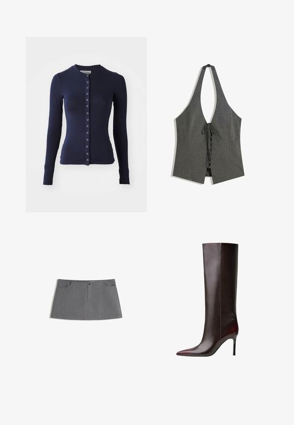 Mornarica dolgi kardigan z okroglim izrezom, prileganjem in sprednjim zapiranjem na gumb s kovinskimi detajli. Mehka, teksturirana tkanina.; Sivo prugasto haltersko top s globokim V-izrezom, odprtim sprednjim delom in zavezovanjem v pasu. Tkanina ima prilegajoč in teksturiran videz.; Siva krila s ravnim krojem, dvema sprednjima žepoma, sprednjim gumbom za zapiranje in subtilnim teksturnim vzorcem.; Rjavi usnjeni škornji do kolen s koničastim nosom, sijoča tekstura in stiletto peto. Šivana obdelava ob strani.