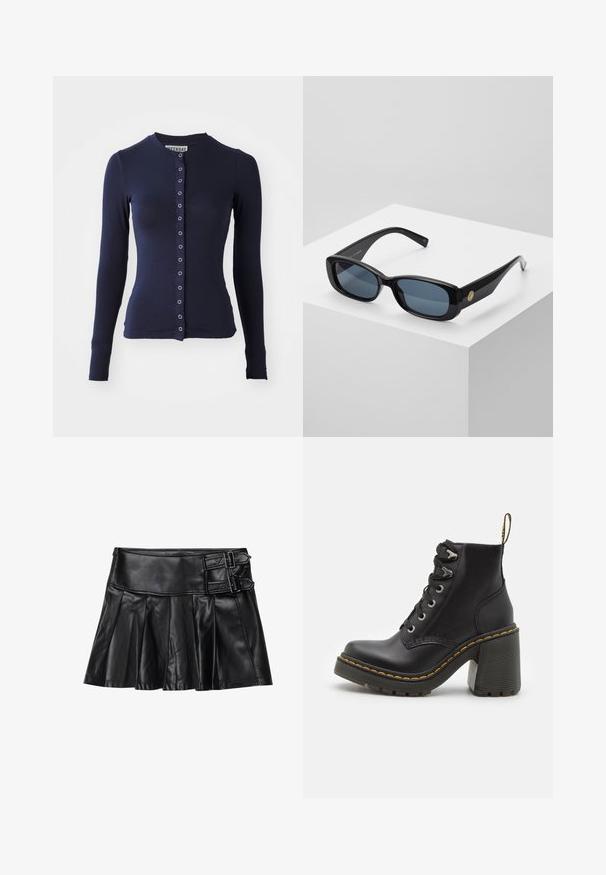 Jūras spēku garās piedurknes kardigāns ar apaļu kakla izmēru, pieguļoša forma un priekšējā pogu aizdare ar metāliskām detaļām. Mīksta, strukturēta auduma.; Balta krekla ar garām piedurknēm, strukturētu apkakli un noapaļotu apakšu. Izgatavots no gludas, viendabīgas auduma bez redzamām rakstu vai akcentu detaļām.; Melnas ādas svārki ar arī pleciem, platām jostām un diviem sprādžu akcentiem sānos. Gluda tekstūra ar spīdīgu apdari.; Melnas ādas potītes zābaki ar masīvu augsto papēdi, auklām priekšpusē, metāla acīm un dzelteniem uzšuvumiem gar zolēm. Tekstūrēta gumijas zole.; Melni taisnstūra saules brilles ar tonētiem ziliem stikliem, biezām rāmjiem un zelta apļa akcentu sānos. Gluda, spīdīga apdare.