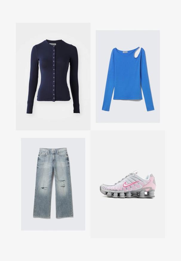 Marineblaue langärmelige Strickjacke mit Rundhalsausschnitt, taillierter Form und vorderem Knopfverschluss mit metallischen Akzenten. Weicher, strukturierter Stoff.; Blaues Langarmshirt mit rundem Ausschnitt und einem einzigartigen asymmetrischen Ausschnitt an der rechten Schulter, flach auf einem weißen Hintergrund ausgelegt.; Hellblaue, weit geschnittene Jeans aus Denim mit lässigen Details, fransigen Kanten und einem ausgewaschenen Finish. Verfügt über vordere Taschen und einen klassischen Taillenbund.; Nike Sportschuh in Weiß und Hellrosa. Mit einem Obermaterial aus Mesh und einer markanten, gewölbten Sohle mit sichtbarer Luftpolsterung.