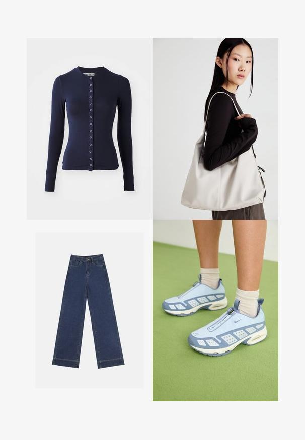 Marineblaue langärmelige Strickjacke mit Rundhalsausschnitt, taillierter Form und vorderem Knopfverschluss mit metallischen Akzenten. Weicher, strukturierter Stoff.; Set aus zwei Langarmoberteilen in Weiß und Schwarz. Rippstruktur, Rundhalsausschnitt, figurbetontes Design mit leicht ausgestellten Ärmeln.; Weite Jeans in dunkelblauem Denim. Verfügt über fünf Taschen, Gürtelschlaufen und einen rohen Saum am unteren Ende mit sichtbaren Nahtdetails.; Hellblaue Sportschuhe mit weißen Akzenten, strukturierten Bereichen und einem Reißverschluss. Sie verfügen über eine sichtbare Luftpolster-Sohle und eine Gummisohle.; Beige Handtasche aus weichem Material, mit einem lässigen Design, gesteppten Details und zwei Schulterriemen. Geeignet für den täglichen Gebrauch.