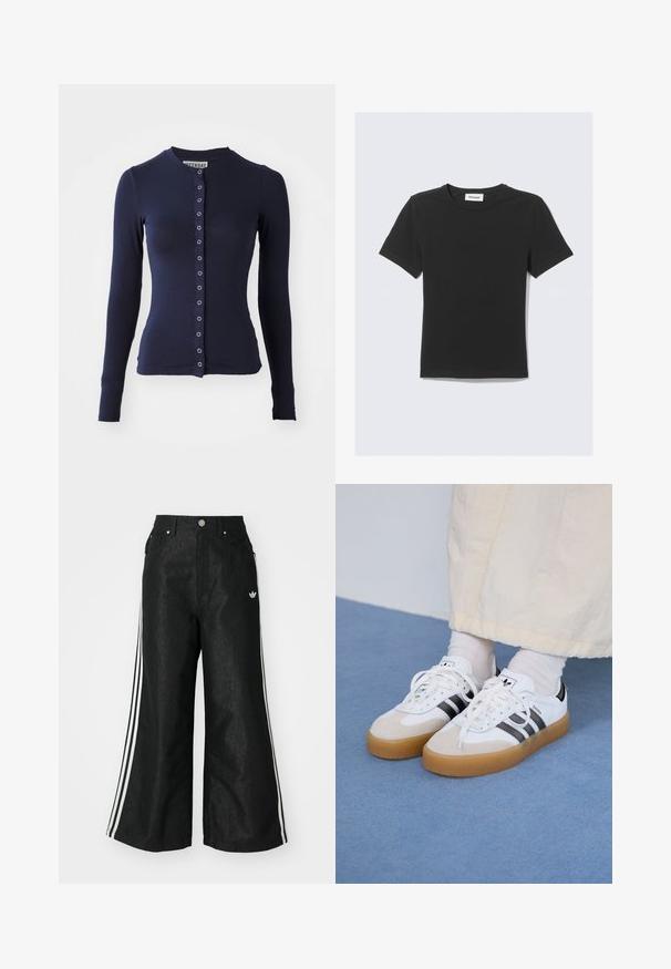 Marinblå långärmad cardigan med rund halsringning, figurnära passform och framknäppning med metalliska detaljer. Mjuk, texturerad tyg.; Svart kortärmad T-shirt i mjuk bomull med rund halsringning och normal passform, utan synliga mönster eller detaljer.; Svarta vida denimbyxor med tre vita ränder på varje sida och en liten vit logotyp. Har framfickor och knäppning med knapp.; Vita sneakers med svarta ränder och beige mockadetaljer. Har en texturerad gummisul och platta vita skosnören, bärs med ljusa strumpor.