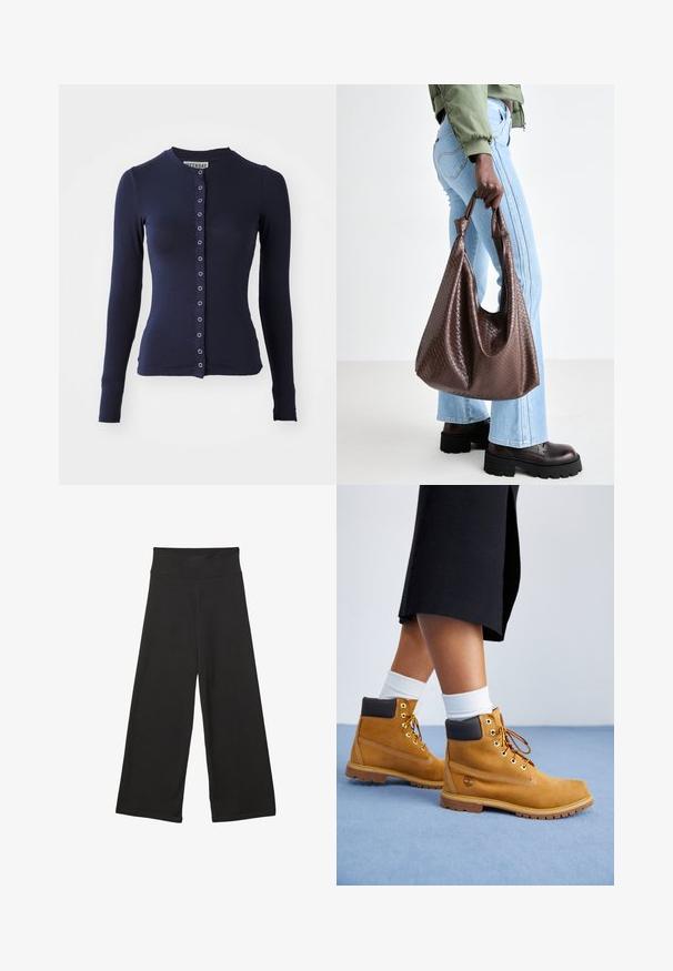 Marineblaue langärmelige Strickjacke mit Rundhalsausschnitt, taillierter Form und vorderem Knopfverschluss mit metallischen Akzenten. Weicher, strukturierter Stoff.; Weißes, übergroßes T-Shirt aus weichem Baumwollstoff. Mit kurzen Ärmeln, runder Ausschnitt und einem lässigen Schnitt ohne sichtbare Muster oder Akzente.; Schwarze weit geschnittene Hosen mit einem hohen elastischen Bund, weichem Stoff und lockerer Passform, geeignet für legere Anlässe oder entspannte Umgebungen.; Sandfarbene Wildlederschuhe mit braunen Lederakzenten, goldenen Ösen und einer strukturierten Sohle. Weiße Socken, die über den Stiefeln sichtbar sind.; Braune gewebte Leder-Handtasche mit geknoteten Griffen, die von einer Person in hellblauen Jeans und schwarzen klobigen Schuhen getragen wird. Glatte, strukturierte Oberfläche.