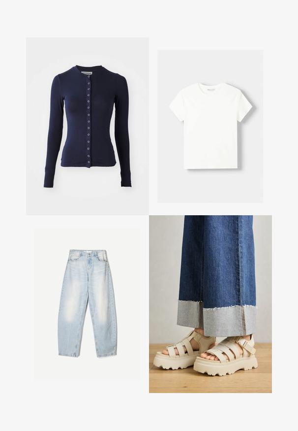 Námornícky dlhý kardigán s okrúhlym výstrihom, obopnutým strihom a predným zapínaním na gombíky s kovovými akcentmi. Mäkká, textúrovaná tkanina.; Biele bavlnené tričko s okrúhlym výstrihom a krátkymi rukávmi. Jednoduchý dizajn, hladká textúra, bez vzorov alebo akcentov.; Svetlomodré džíny s voľným strihom, so zovretým vzhľadom, dvomi prednými vreckami a gombíkovým zapínaním na páse.; Béžové platformové sandále s hrubými podrážkami majú pruhovaný dizajn a nastaviteľné popruhy okolo členka. Nosené sú s džínsovými nohavicami s širokými nohavicami, pri ktorých je jeden lem rozstrapkaný.