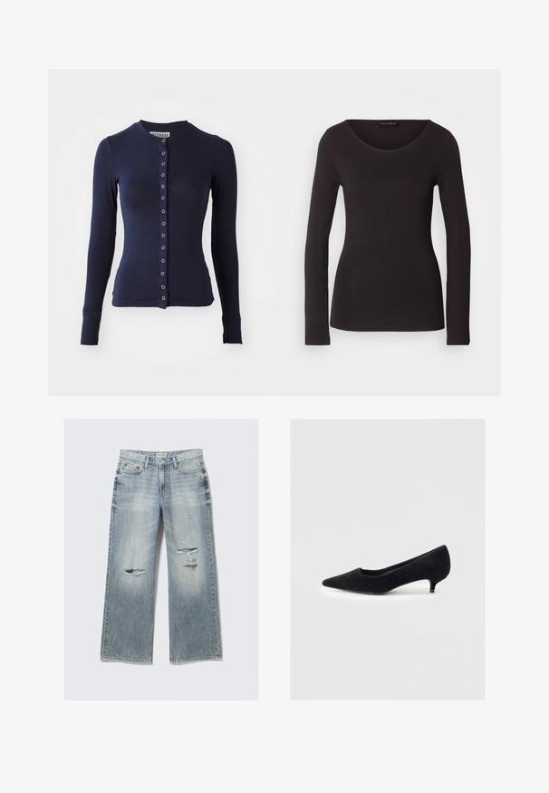 Marineblaue langärmelige Strickjacke mit Rundhalsausschnitt, taillierter Form und vorderem Knopfverschluss mit metallischen Akzenten. Weicher, strukturierter Stoff.; Schwarzes Langarmoberteil aus glattem Stoff mit rundem Halsausschnitt und figurnaher Silhouette; es hat weder Muster noch Akzente.; Hemd mit Knopfverschluss in einem hellbeigen und blauen Karomuster, aus weichem Stoff gefertigt, mit Kragen und langen Ärmeln.; Hellblaue, weit geschnittene Jeans aus Denim mit lässigen Details, fransigen Kanten und einem ausgewaschenen Finish. Verfügt über vordere Taschen und einen klassischen Taillenbund.; Schwarzer Filz-Pumps mit spitz zulaufender Zehenpartie und niedrigem Kitten-Heel. Der Schuh zeichnet sich durch eine glatte Textur und minimalistisches Design ohne Verzierungen aus.