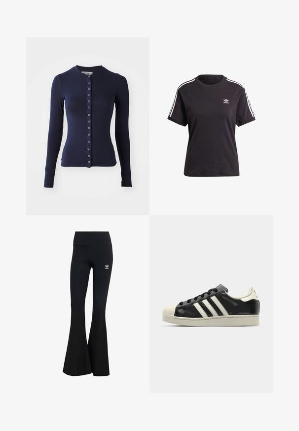 Marineblauwe cardigan met lange mouwen, ronde halslijn, en aansluitende pasvorm met een voorkantsluiting met knopen en metalen accenten. Zachte, gestructureerde stof.; Zwart katoenen t-shirt met korte mouwen en ronde hals, met witte strepen op de schouders en een klein wit Adidas-logo op de borst.; Zwarte geribbelde flared legging met een brede tailleband, voorzien van een klein wit Adidas-logo aan de bovenste linkerkant. Zachte stoftextuur.; Zwarte leren sneaker met witte strepen, rubberen teenbescherming, zwarte veters en een crèmekleurige loopzool. Glad oppervlak met een glanzende afwerking.