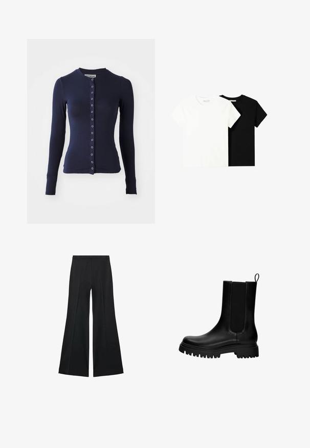 Námornícky dlhý kardigán s okrúhlym výstrihom, obopnutým strihom a predným zapínaním na gombíky s kovovými akcentmi. Mäkká, textúrovaná tkanina.; Dve tričko s krátkym rukávom, jedno biele a jedno čierne, vyrobené z bavlny. Obe majú okrúhly výstrih a jednoduchý, klasický dizajn.; Čierne široké nohavice s hladkou textúrou, s prednými záhybmi a elegantným strihom. Materiál je ľahký a pruhlý.; Čierna kožená členková obuv s elastickými bočnými panelmi, ťahacou pútkom a hrubou, odolnou podrážkou. Hladká textura s moderným dizajnom.