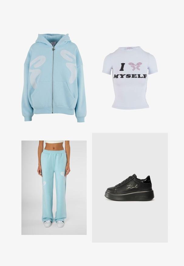 Svetlo modrá mikina na zips vyrobená z mäkkého materiálu, so skvelým veľkým bielym grafickým dizajnom na prednej strane, kengúrkovými vreckami a ribbed manžetami.; Biele tričko s krátkym rukávom, na ktorom je čierny nápis "I" a "MYSELF" s pink motýľom vyrobeným z kamienkov. Úzky strih.; Svetlomodré tepláky s uvoľneným strihom, na každom stehne majú biely abstraktný vzor a elastický pás.; Čierne platformové tenisky s hladkým koženým zvrškom, rovnými šnúrkami a vyšívaným logom "Karl" na boku. Zaoblená špička a hrubá podrážka.