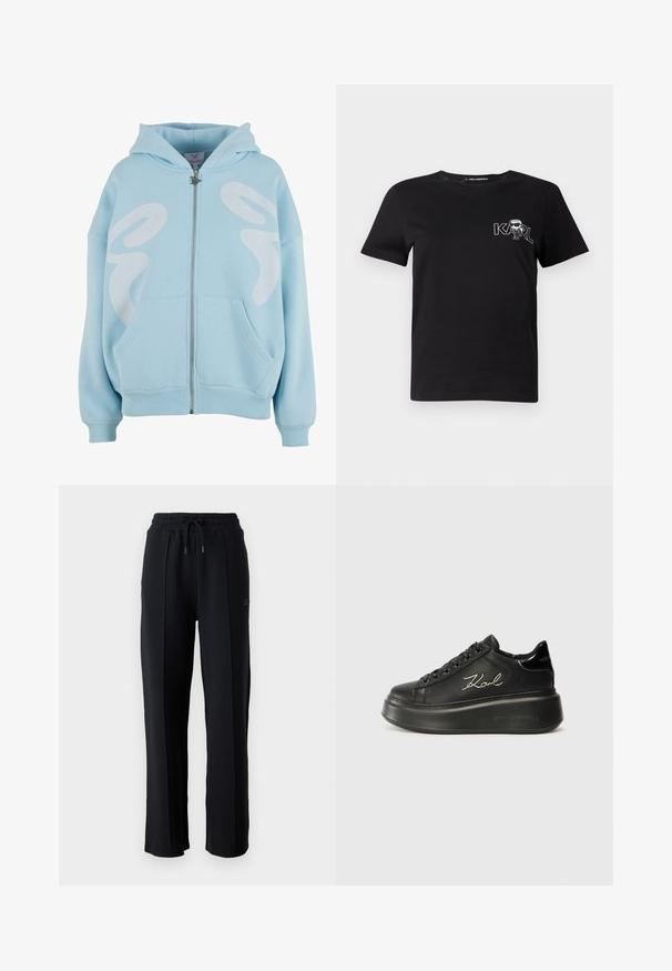 Világoskék, cipzáros kapucnis felső, puha anyagból készült, elöl nagyméretű fehér grafikai mintával, kenguruzsebekkel és bordás mandzsettákkal.; Fekete, rövid ujjú póló pamutból. Fehér grafikával rendelkezik, amelyen a "KARL" felirat és egy stilizált figura látható a mellkason. Kerek nyakkivágással.; Fekete melegítőnadrág laza szabással, rugalmas derékpánttal, állítható húzózsinórral és függőleges varrásokkal a lábak mentén. Puha szövet textúra.; Fekete platform sportcipők, amelyek sima bőr felsőrésszel, lapos fűzőkkel és hímezett "Karl" logóval rendelkeznek az oldalukon. Kerek orrúak és vastag talpúak.