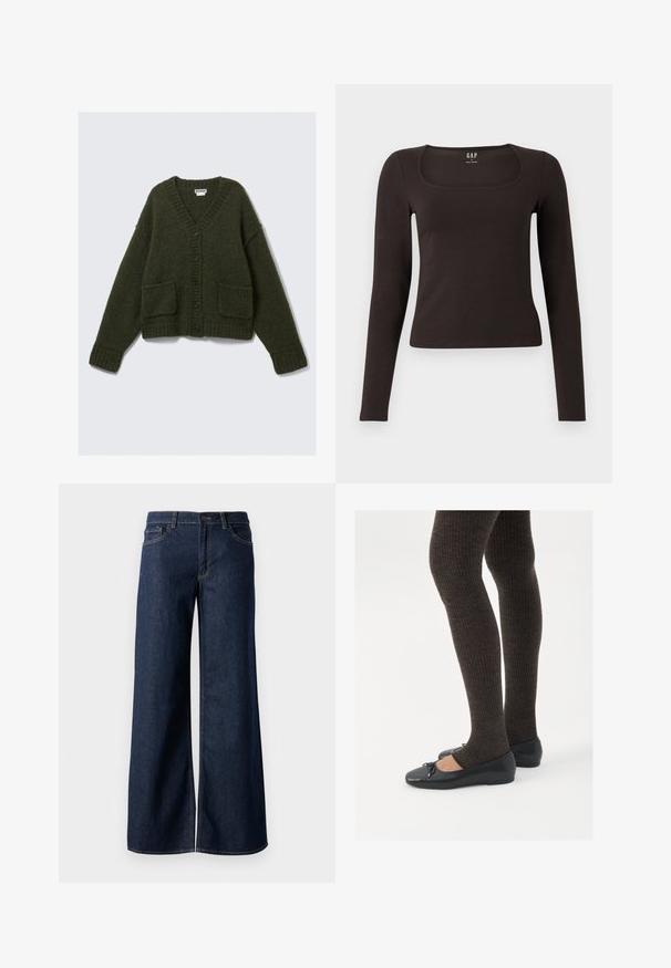 Tummanvihreä neuletakki, jossa on V-pääntie, kuusi mustaa nappia, kaksi etutaskua sekä ribbineuloksella varustetut hihansuut ja helma. Materiaali on pehmeä ja teksturoitu.; Musta pitkähihainen, slim fit -paita, jossa on neliömäinen kaula-aukko, merkitty GAP, esillä valkoisella taustalla.; Suorat lahkeet farkut tummansinisestä denimmistä. Ominaisuuksiin kuuluvat kontrastiväriset ompeleet, viisi taskua ja nappisuljenta vyötäröllä. Sileä pinta.; Mustat matalat kengät, joissa on pieni nauha varpaissa, yhdistettynä tummanruskeisiin ribattuisiin sukkahousuihin. Kengissä on sileä pinta ja matala profiili.