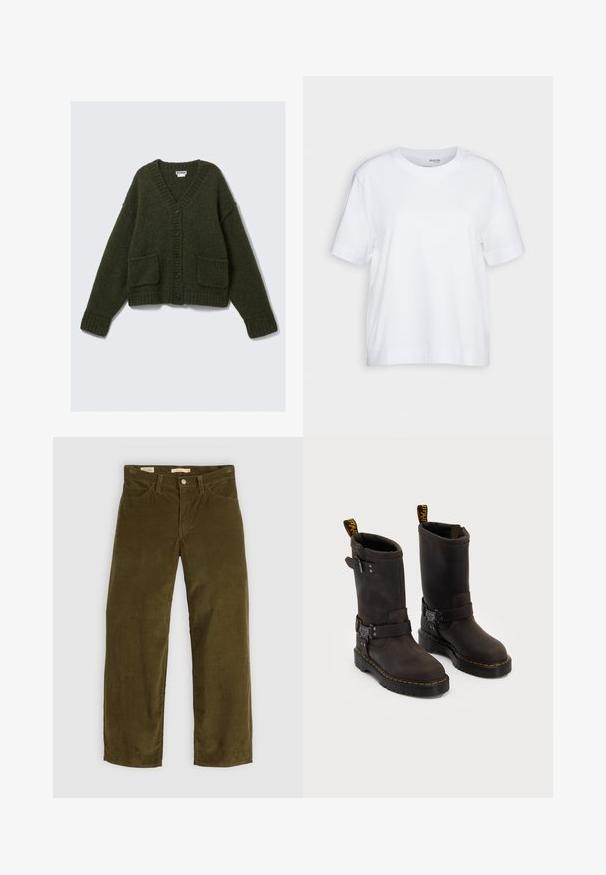 Dark green cardigan featuring a V-neck, six black buttons, two front pockets, and ribbed cuffs and hem, made of a soft, textured material.; White short-sleeve t-shirt, crew neck, made of soft, smooth cotton fabric, with a straight hem and minimal detailing. Plain and versatile design.; Olive green corduroy trousers with a straight leg design, featuring front pockets and a button fly, displaying vertical ribbed texture.; Dark brown leather boots with a mid-calf design, yellow stitching, adjustable buckle straps, and pull tabs on the top. Textured finish.