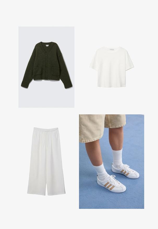 Temnozeleni cardigan z V-izrezom, šestim črnimi gumbi, dvema sprednjima žepoma ter rebrastimi manšetami in robom, izdelan iz mehkega, teksturiranega materiala.; Bela kratka majica s kratkimi rokavi iz bombaža. Ima okroglo izrezovanje in sproščen kroj. Gladka tekstura brez vidnih vzorcev ali poudarkov.; Bele široke hlače iz lahkega materiala, ki imajo elastičen pas in vrvico za prilagajanje. Gladka tekstura.; Bele teniske s tremi zlatimi črtami, zavezane, z gumijastim podplatom, nosene z rebrastimi belimi nogavicami in bež kratkimi hlačami na modri površini.