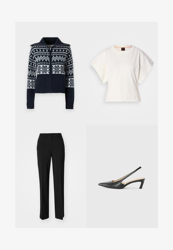 Mornarsko modra zip-up jopica z belimi geometrijskimi vzorci, pleteni robovi in dno, strukturiran dizajn ovratnika, pletena tekstura in oprijet kroj.; Bela skrajšana majica s kratkimi širokimi rokavi, mehka bombažna tkanina, okrogla ovratnica z diskretnim oranžnim robom, minimalističen dizajn, brez vzorcev ali grafike.; Črne krojene hlače s direktnim krojem, ki se ponašajo z gladko teksturo in ostrimi pregibi spredaj. Ni vidne kovine.; Črne čevlje s koničastimi nosovi in slingback obliko z nizko peto, izdelane iz gladke usnjene materiale ter s črtasto zasnovo na strani za prezračevanje.