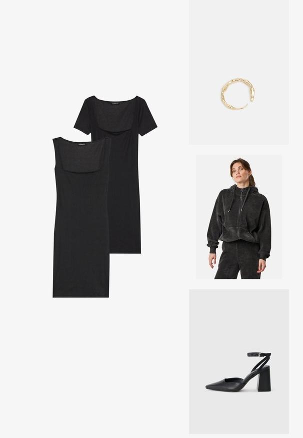 Schwarze Cord-Collegejacke mit entspannter Passform, gerippter Textur, Kordelzugkapuze und vorderen Taschen, kombiniert mit passenden Hosen.; Schwarzes Bodycon-Kleid mit quadratischem Ausschnitt, kurzen Ärmeln und gerippter Textur. Zwei Varianten: in hellschwarzem und tieferem Schwarz.; Schwarze Leder-Pumps mit spitzer Zehe, einem Knöchelriemen und einem blockigen Absatz. Flache Textur, elegantes Design und minimalistische Ästhetik.; Goldfarbener Ring mit einem organischen, gedrehten Design, glatter Oberfläche und sich verjüngenden Enden, was ein modernes, skulpturales Erscheinungsbild erzeugt.