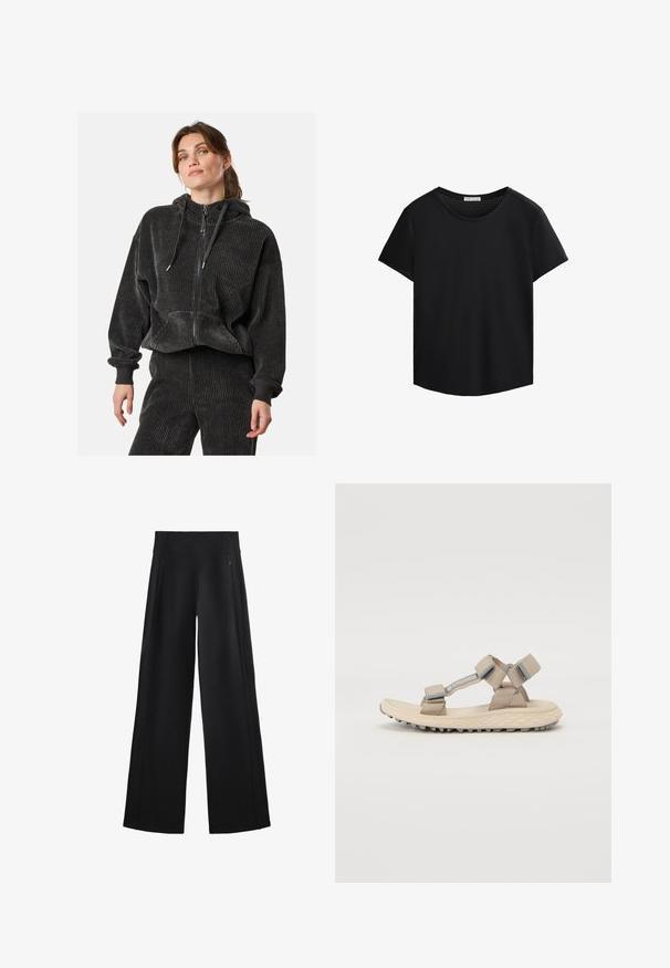 Musta corduroy-tyylinen vetoketjullinen huppari, jossa on rento istuvuus, ribbineuleinen pinta, naruhuppu ja etutaskut, yhdistettynä yhteensopiviin housuihin.; Mustat lyhythihaiset T-paidat, joissa on pyöreä pääntie ja rei'itetty verkko-ominaisuus olkapäillä. Suuri kangas, rento istuvuus, kaareva helma.; Mustat, leveälahkeiset housut, jotka on valmistettu pehmeästä kankaasta. Niissä on korkea vyötärö ja kaksi vetoketjullista taskua, sekä huomaamattomat saumat sivuilla.; Beige sandaalit, joissa on teksturoitu, korkea pohja, säädettävät hihnat ja yhtenäinen hihnasuunnittelu turvallista istuvuutta varten.