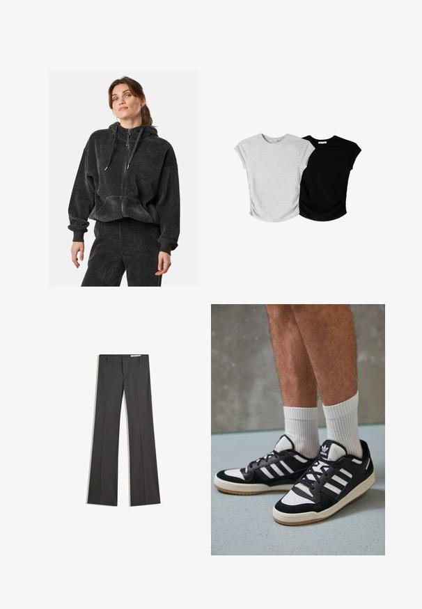 Black corduroy zip-up hoodie with a relaxed fit, ribbed texture, drawstring hood, and front pockets, paired with matching pants.; Two short-sleeve t-shirts: one grey with a slightly textured finish, and one black, both featuring side ruching and rounded hems.; Gray flared trousers in a smooth fabric, featuring a flat front, belt loops, and a tailored design with clean lines.; Black and white sneakers with a suede and leather upper, featuring three white stripes, a perforated toe, and a gum rubber sole.