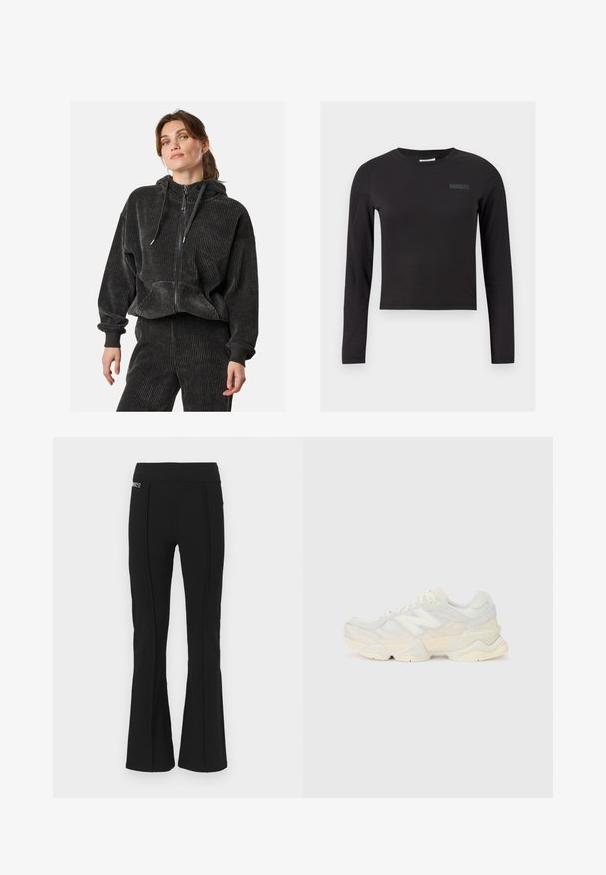 Felpa nera in corduroy con zip, dal taglio comodo, con texture a coste, cappuccio regolabile e tasche frontali, abbinata a pantaloni coordinati.; Top corto nero a maniche lunghe realizzato in tessuto elasticizzato, con scollatura rotonda e un piccolo logo stampato sul petto.; Pantaloni neri a vita alta svasati con dettagli della cucitura frontale e una piccola etichetta con il marchio sul lato sinistro superiore.; Sneaker leggera con tomaia in rete e camoscio in morbide tonalità crema, dotata di una suola spessa e di accenti tridimensionali.
