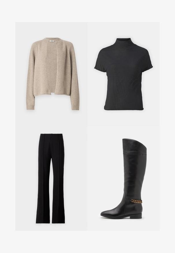 DRYKORN LISINE - Kofta - brown; Svart kortärmad polotröja i lätt material med en mjuk textur och en figurnära passform, med en hög halsringning.; Svart utsvängda byxor i mjukt tyg, med framfållningar, hög midja och skräddarsydd design för en stilren silhuett.; Höga svarta läderstövlar med en strömlinjeformad design, spetsig tå och en guldkedja vid vristen. Låg klack. Slät yta.