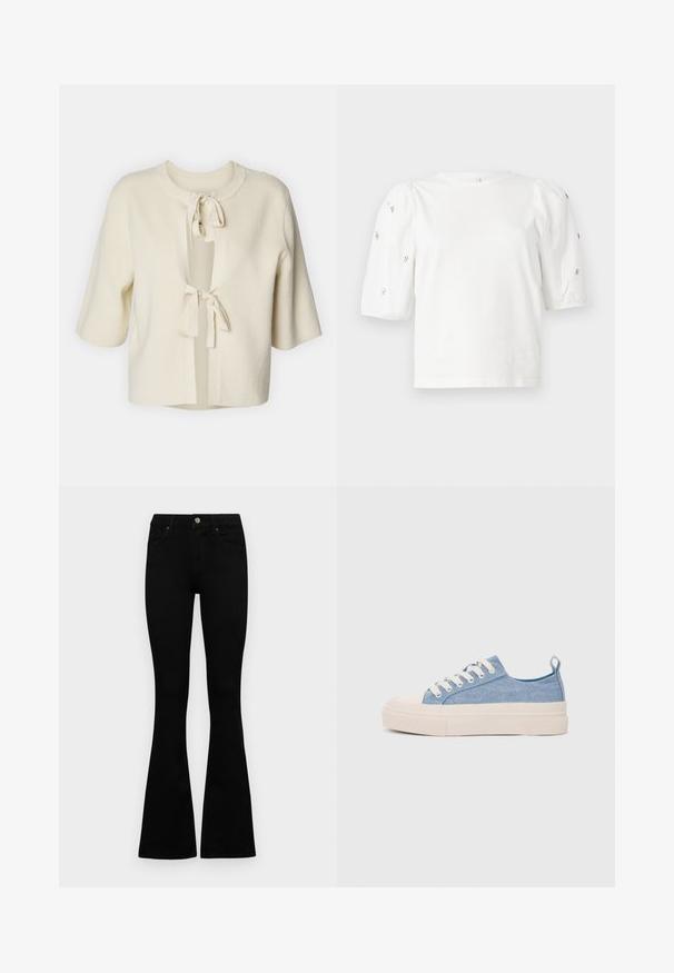 Rövid ujjú, nyitott előlapú kardigán puha, krémszínű anyagból, bordázott textúrával, és két megkötővel a nyaknál.; Fehér pamut póló rövid puffos ujjakkal, a ujjain kicsi ezüst díszítések találhatók. Klasszikus kerek nyakú, laza fazonú.; Fekete, magas derekú farmernadrág gomb- és cipzárzárral, elülső zsebekkel és harangszárral, laposan egy fehér háttérre terítve.; Világoskék vászon sportcipők, krémszínű gumitippel és talppal, fehér fűzőkkel és egy húzófüllel a sarkán.