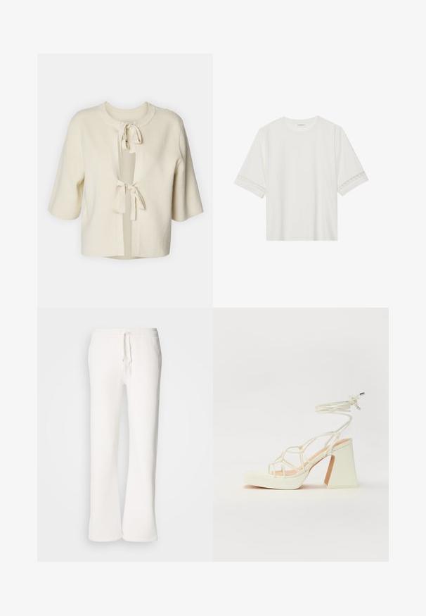 Cardigan à manches courtes, ouvert sur le devant, en tissu doux de couleur crème avec une texture côtelée et deux attaches à nouer au cou.; T-shirt blanc à manches courtes en coton, avec des bordures en dentelle décoratives le long des manches et un col rond.; Pantalons de jogging blancs, à coupe décontractée, fabriqués en tissu doux, dotés d'une taille élastique avec cordon de serrage et d'une conception à jambe droite.; Sandale blanche à talons hauts avec un talon épais, présentant un design à lanières et un lien autour de la cheville. Texture lisse avec une plateforme à l'avant pour une hauteur supplémentaire.