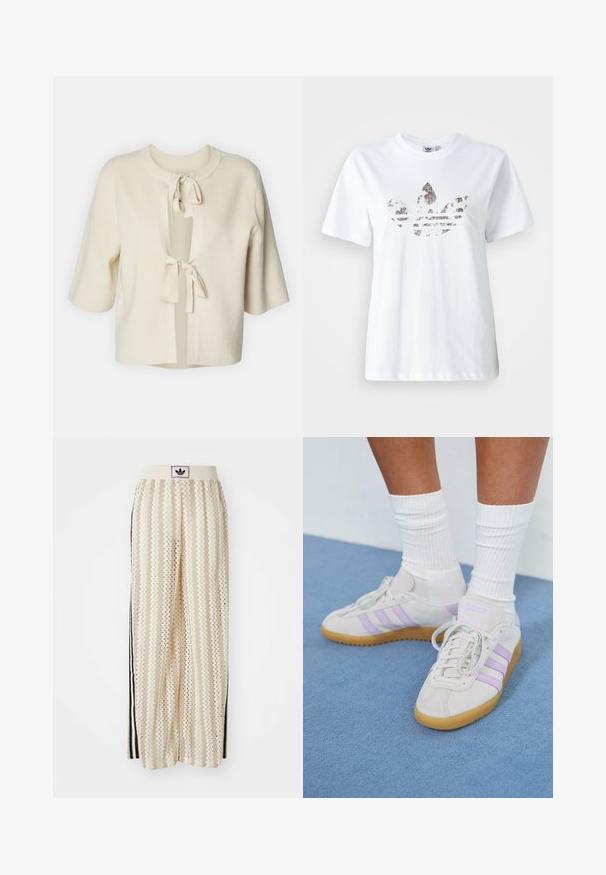 Cardigan à manches courtes, ouvert sur le devant, en tissu doux de couleur crème avec une texture côtelée et deux attaches à nouer au cou.; T-shirt en coton blanc présentant un grand graphique pailleté et sombre du logo trèfle Adidas sur le devant. Manches courtes et col rond.; Pantalons larges crème avec un motif en zigzag, dotés d'une ceinture logo noire et de bandes noires sur les côtés. Tissu léger et texturé.; Baskets en suède gris clair avec trois rayures lilas, semelle en caoutchouc gomme, lacets plats et chaussettes blanches côtelées. Fond bleu.