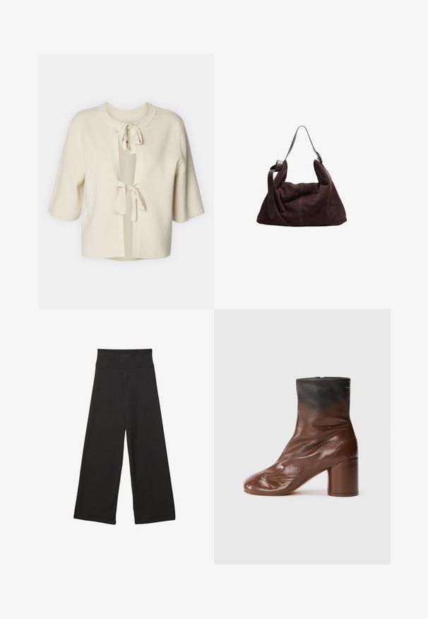 Kurzärmeliger, offener Cardigan aus weichem, cremefarbenem Material mit gerippter Textur und zwei Bindebändchen am Hals.; Weißes, übergroßes T-Shirt aus weichem Baumwollstoff. Mit kurzen Ärmeln, runder Ausschnitt und einem lässigen Schnitt ohne sichtbare Muster oder Akzente.; Schwarze weit geschnittene Hosen mit einem hohen elastischen Bund, weichem Stoff und lockerer Passform, geeignet für legere Anlässe oder entspannte Umgebungen.; Braune Lederstiefelette mit abgerundeter Spitze, ausgestattet mit einer strukturierten Oberfläche, einem schwarzen oberen Teil und einem klobigen Absatz. Reißverschluss hinten.; Dunkelbraune Wildleder-Hobo-Schultertasche mit breitem, verstellbarem Ledertragegurt und weichem, lässigem Körper vor weißem Hintergrund.