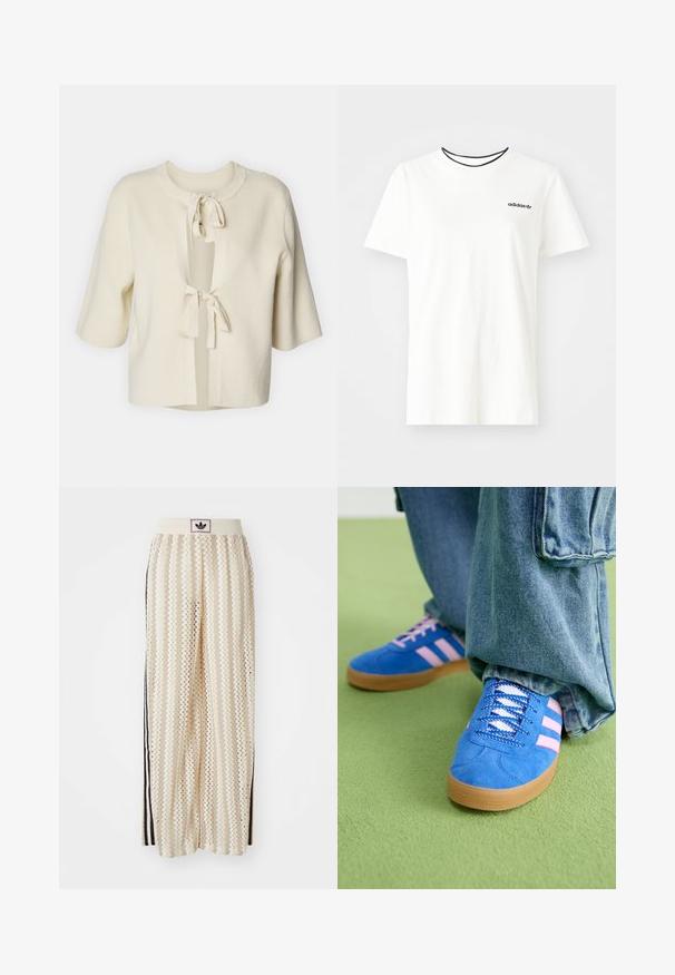 Cardigan à manches courtes, ouvert sur le devant, en tissu doux de couleur crème avec une texture côtelée et deux attaches à nouer au cou.; T-shirt en coton blanc à manches courtes et à encolure ronde. Présente un logo Adidas noir sur la poitrine et un col intérieur noir contrastant.; Pantalons larges crème avec un motif en zigzag, dotés d'une ceinture logo noire et de bandes noires sur les côtés. Tissu léger et texturé.; Des chaussures en daim bleu avec des rayures roses et des lacets blancs, dotées d'une semelle en caoutchouc gomme, assorties à un pantalon en denim ample sur une surface verte.