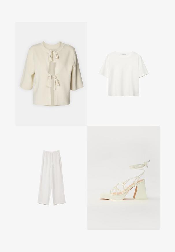 Korte mouwen, open cardigan van zachte, crèmekleurige stof met een ribbelstructuur en twee striksluitingen bij de hals.; Witte korte mouwen t-shirt van katoen. Heeft een ronde halslijn en een ontspannen pasvorm. Glad textuur zonder zichtbare patronen of accenten.; Witte wijde broek gemaakt van een lichte stof. Voorzien van een elastische tailleband met een trekkoord en zijzakken. Zachte textuur.; Witte hoge hakken sandaal met een chunky hak, met een bandjesontwerp en enkelband. Gladde textuur met een plateau voor extra hoogte.