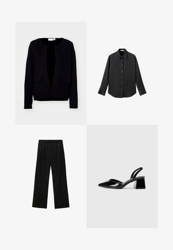 Črn kardigan z okroglim ovratnikom, odprtim sprednjim delom in dvema sprednjima žepoma. Narejen iz mehkega materiala z gladko teksturo.; Črna majica z dolgimi rokavi iz gladkega materiala, z klasičnim ovratnikom, sprednjim zapiranjem na gumbe z zlatimi gumbi in širokimi manšetami.; Črne široke hlače z naborki, ki imajo gladko teksturo in visok pas. Minimalističen slog, brez vidne opreme ali okrasnih elementov.; Črne lakirane slingback pete s koničastim nosom in geometrijsko blokasto peto. Imajo eleganten, minimalističen dizajn in gladko teksturo.