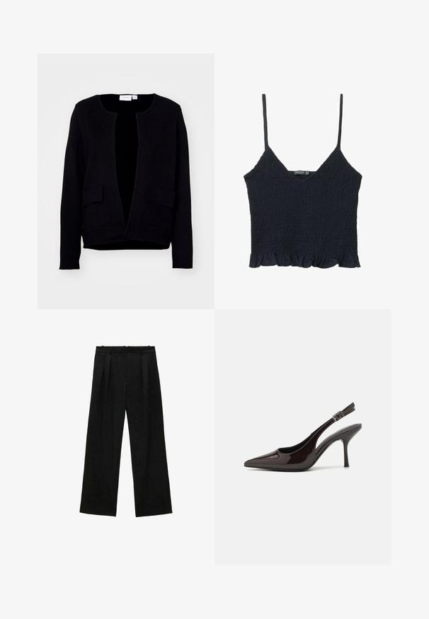 Čierny kardigán s okrúhlym výstrihom, otvoreným predným dielom a dvoma prednými vreckami. Vyrobený z mäkkého materiálu s hladkou textúrou.; Námornícky modrý, nariasený crop top s tenkými nastaviteľnými ramienkami a volánovým spodným lemom. Vyrobený z ľahkej tkaniny s textúrovaným povrchom.; Čierne široké nohavice s skladmi, s hladkou textúrou a vysokým pásom. Minimalistický štýl, žiadne viditeľné kovania ani ozdoby.; Slingback vysoké opätky v lesklej tmavohnedej lakovej koži, so špicatou špičkou, otvorenými stranami a nastaviteľným remienkom na členku.