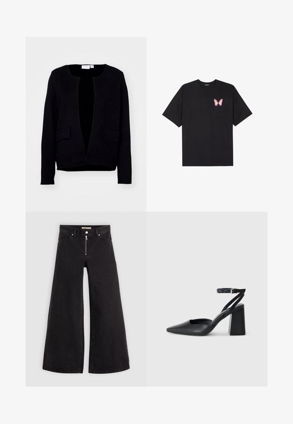 Fekete kardigán kerek nyakkal, nyitott elülső résszel és két elülső zsebbel. Puha anyagból készült, sima felülettel.; Fekete pamut póló rövid ujjakkal, bal mellkason egy kis rózsaszín pillangó grafikával. Kerek nyakú kialakítás, laza fazonnal.; Fekete denim széles szárú farmer, cipzáros elejével, öt zsebes kialakítással és diszkrét varrással. Sima textúra és laza stílus.; Fekete bőr, hegyes orrú magassarkú cipő boka pánttal és vastag sarokkal. Sima textúra, elegáns dizájn és minimális esztétika.