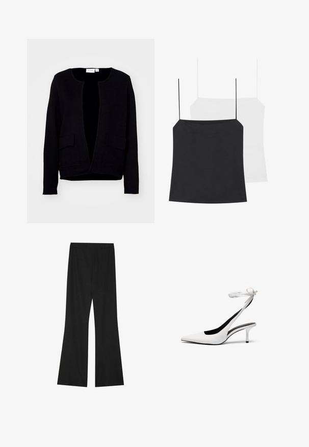 Fekete kardigán kerek nyakkal, nyitott elülső résszel és két elülső zsebbel. Puha anyagból készült, sima felülettel.; Két camisole top látható: egy fekete és egy fehér. Mindkettő vékony pántokkal és testhez simuló kialakítással rendelkezik, sima, rugalmas anyagból készültek.; Fekete, haranglábú nadrág, mely textúrált anyagból készült, rugalmas derékkal és laza szabással rendelkezik, a kényelem és a mozgás szabadsága érdekében tervezve.; Fehér, hegyes orrú, hátsó pánttal ellátott magassarkú cipők vékony boka pánttal. Finom bőrből készült, vékony tűsarkú, és fekete belső béléssel rendelkezik.