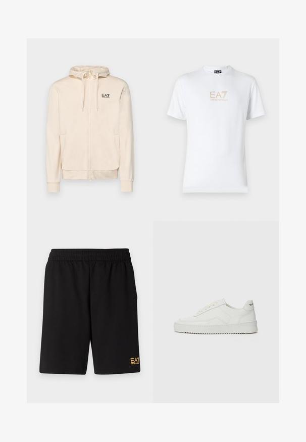 EA7 Emporio Armani TRAIN CORE HOODIE - Pulover s kapuco - whitecap gray; Bela bombažna majica s krožnim izrezom in kratkimi rokavi, s pozlačenim logotipom EA7 Emporio Armani natisnjenim spredaj.; Črne športne kratke hlače iz mehkega blaga, z elastičnim pasom in majhnim rumenim logotipom EA7 na spodnjem levem delu noge.; Bela usnjena športna obutev z gladko površino, okroglo prst, ravne vezalke in teksturiran podplat. Ima diskretno logo na peti.