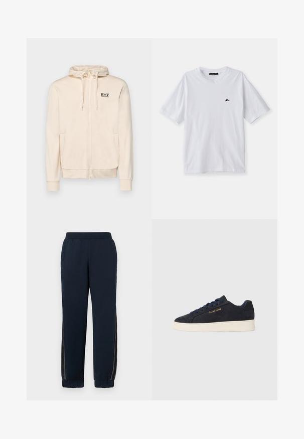 EA7 Emporio Armani TRAIN CORE HOODIE - Mikina s kapucňou - whitecap gray; Biela bavlnená tričko s okrúhlym výstrihom a krátkymi rukávmi, s malým čiernym logom na hrudi. Hladká textúra a voľný strih.; Námořnické tepláky s jemnou texturou, zúženými manžetami a síťovinovými bočními panely. Elastický pas pro pohodlí a volný střih.; Námornícky modré semišové nízke tenisky s bielou podrážkou, námorníckymi šnúrami a zlatým logom "Filling Pieces" na boku.
