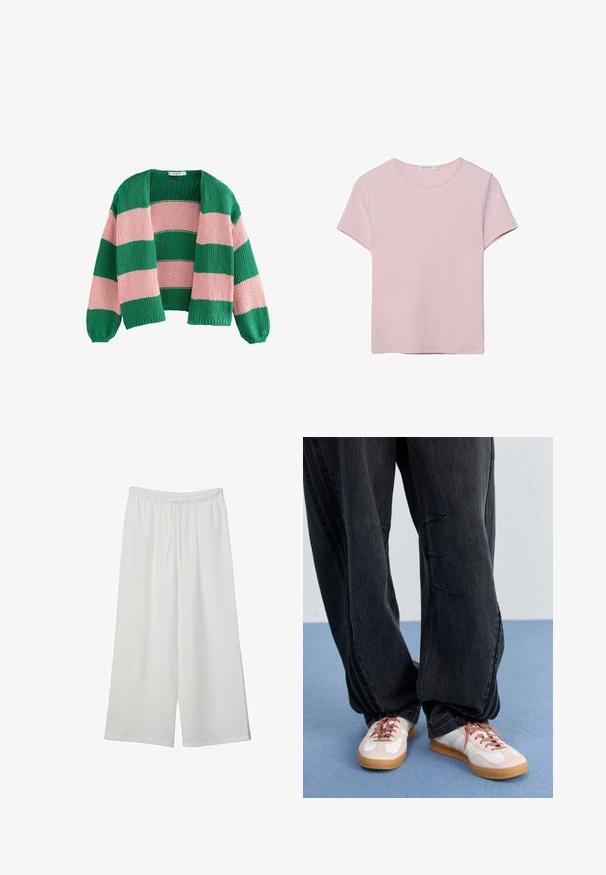 Zeleni i ružičasti prugasti pleteni kardigan s labavim krojem, otvorenim prednjim dijelom i dugim rukavima. tekstura je gusta i prozračna.; Majica s kratkim rukavima i okruglim izrezom od mekog, svijetloružičastog materijala. Klasičan kroj s glatkom teksturom i bez vidljivih uzoraka ili detalja.; Bijele hlače širokog kroja izrađene od lagane tkanine, s elastičnim pojasom i vezicom za prilagodljivu veličinu. Glatka tekstura.; Crne široke traperice s prednjim šavovima, u kombinaciji s bijelim i ružičastim tenisicama s gumenom potplatom i ružičastim vezicama.