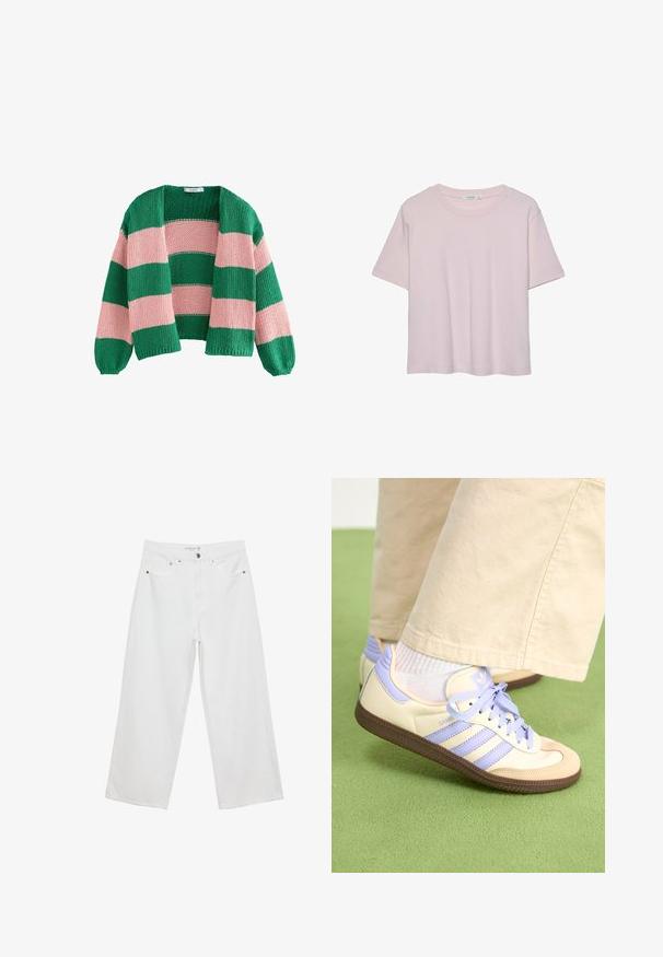 Cardigan tricoté rayé vert et rose avec une coupe ample, un devant ouvert et des manches longues. La texture est épaisse et respirante.; T-shirt rose clair à manches courtes avec un col rond, fabriqué en tissu doux, présentant une coupe décontractée et un ourlet droit.; Jean large blanc en denim avec taille haute, comportant cinq poches et des accents en métal. Texture lisse, sans motifs visibles.; Baskets crème et lavande avec trois bandes et une semelle marron texturée, dotées de lacets et d'un talon rembourré. Tige en tissu doux.